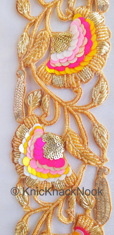 Exclusive Gold Hand Embroidered Cutwork Lace Trim, Floral Embroidery Beaded Trim, Sequins Trim